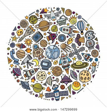 Colorful vector hand drawn set of Spacel cartoon doodle objects, symbols and items. Round composition