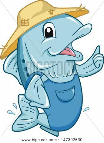 Mascot Illustration of a Fish in Jumper and Straw Hat Giving a Thumbs Up