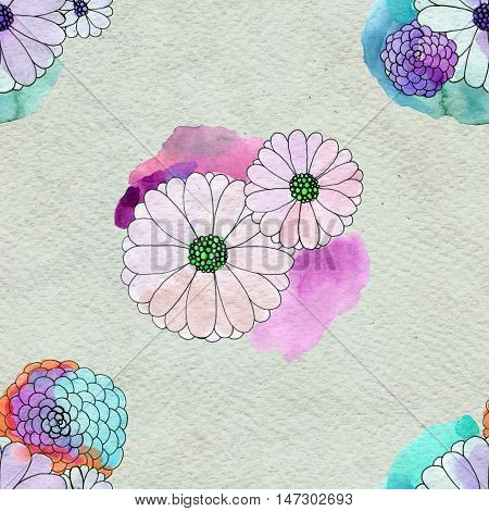 Seamless floral pattern with asters and daisy flowers. Floral watercolor background.
