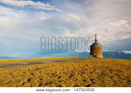 Beautiful view on the Slovenia mountains Gerlitzen Alps Austria.Communications station.