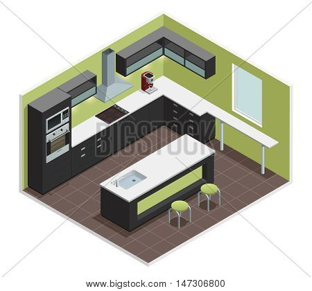 Modern kitchen interior isometric view with counter stove range cooker oven  shelves refrigerator and cabinets vector illustration