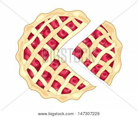 an illustration of a slice of cherry pie with a golden crust and lattice design with plump ripe red cherries on a white background