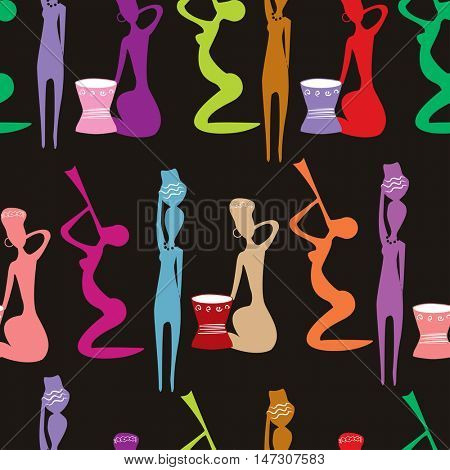 Seamless pattern with beautiful African women with vases, fife and drums. Native ethnical seamless background. Bright colors pattern.