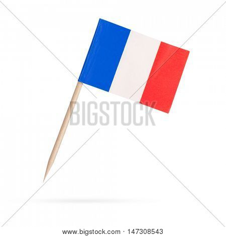 Miniature paper flag France. Isolated French flag pointer on white background. With shadow below