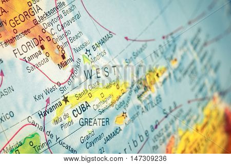 Map Cuba and Florida close-up macro image of Cuban map . Selective focus