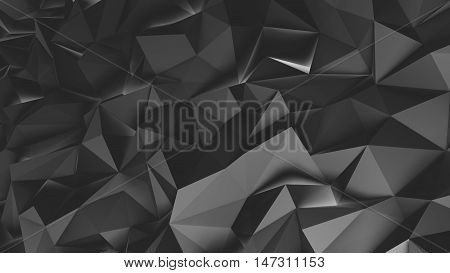 Abstract black 3d rendered geometric background with spikes. Monochrome background consisting of triangles. Abstract 3d rendering of metal surface.
