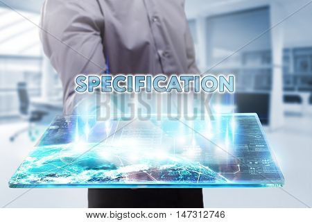 Business, Technology, Internet And Network Concept. Young Businessman Working On A Tablet Of The Fut