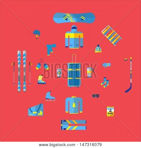 Winter accessories for outdoor activities.Winter snowboard holiday pictogram collection .Ski resort holidays.