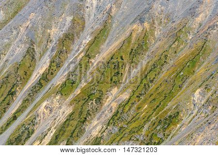 Bright beautiful abstract natural background of the mountain with fissure talus and sparse vegetation