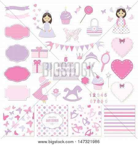 Birthday party and girl baby shower design elements set. Girly stickers.