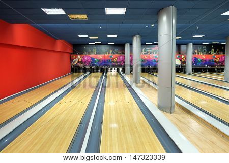 PENZA RUSSIA - AUGUST 30 2016: Interior of the bowling club. Tracks for the game