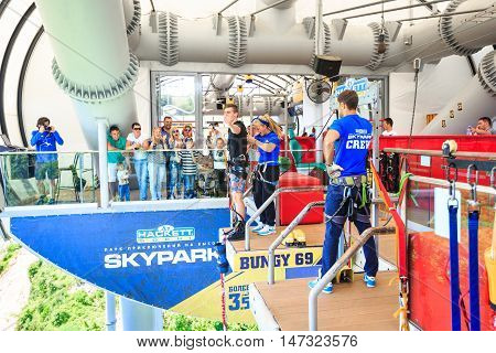 Sochi, Russia - MAY 22, 2016: The man is jumping swallow type from 69 metres height in the SKYPARK AJ Hackett Sochi