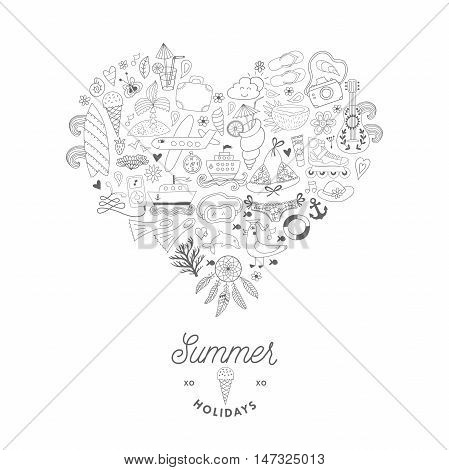 Summer heart design made of doodle season icons. Doodle travel vacation icons arranged in heart shape.