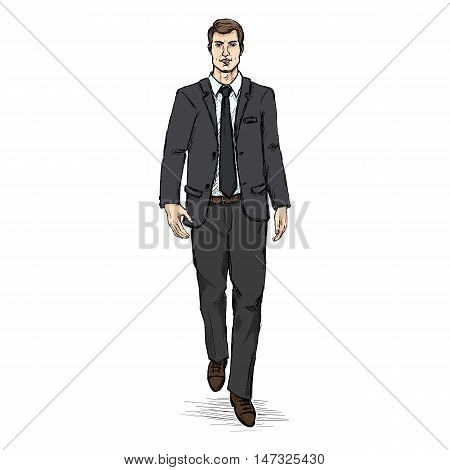 Vector Sketch Men Model In Black Suit. Business Dress Code.