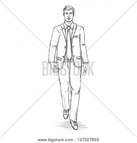 Vector Sketch Men Model In Suit. Business Dress Code.