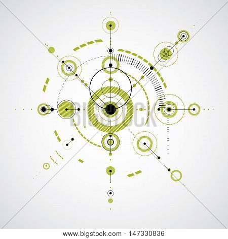 Bauhaus retro art vector green background made using grid and circles. Geometric graphic 1960s illustration can be used as booklet cover design. Technological pattern.