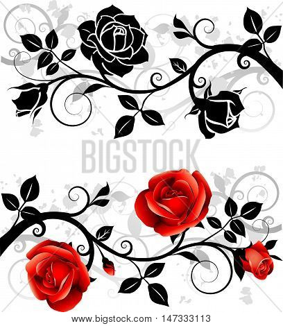 Vector ornament with red roses and black leaves