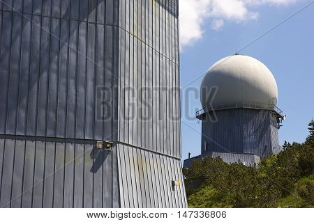 GROSSER ARBER, GERMANY - JUNE 16 2013: NATO distant early warning, high-resolution radar on 1456 m high peak in Bayerische Wald. National park in Bavaria.