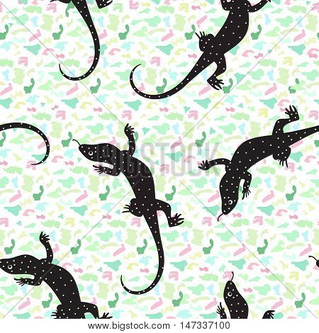Seamless background with Cartoon lizards on spotty background. Seamless pattern can be used for wallpaper pattern fills web page backgrounds surface textures.