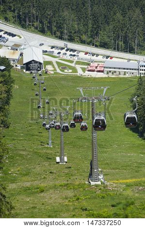 GROSSER ARBER, GERMANY - JUNE 16 2013: Gondola lift to the summit of Mt. Grosser Arber (Bavarian Forest, Lower Bavaria, Germany).