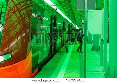 MOSCOW, RUSSIA - SEPTEMBER 13, 2016: Central Circle Line MCC Lastochka train at the station Delovoj centr