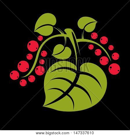Simple green vector tree leaf with red seeds stylized nature element. Ecology symbol can be used in graphic design. Summer or spring season illustration