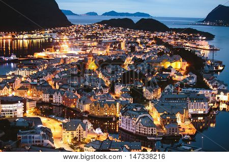 Beautiful Super Wide-angle Summer Aerial View Of Alesund, Norway, With Skyline And Scenery Beyond Th