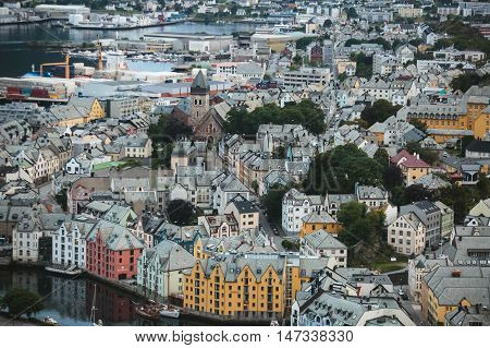 Beautiful Super Wide-angle Summer Aerial View Of Alesund, Norway, With Skyline And Scenery Beyond Th