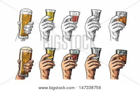 Male hand holding a glasses with beer, tequila, vodka, rum, whiskey. Vintage color vector engraving illustration for label, poster, invitation to party and birthday.