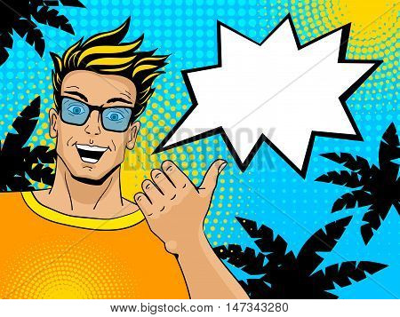 Young Handsome Surprised Blond Man With Open Mouth Pointing On Speech Bubble. Comic Man In Retro Sty