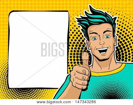 Happy Handsome Surprised Man Shows Thumb Up. Vector Illustration In Pop Art Comic Style. Vector Back