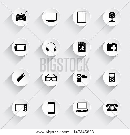 Icons set of gadgets. Joystick, PC, tablet, console, headphones, card, memory, camera, glasses, camera, player, television, telephone, mobile, laptop.