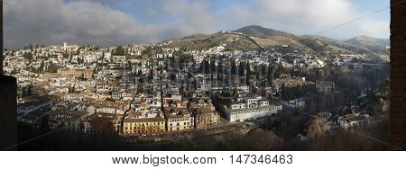 GRANADA, SPAIN - JANUARY 12, 2016: Panorama of El Albayzin district in Granada, Andalusia, Spain, pictured from the Nasrid Palaces in the Alhambra. 