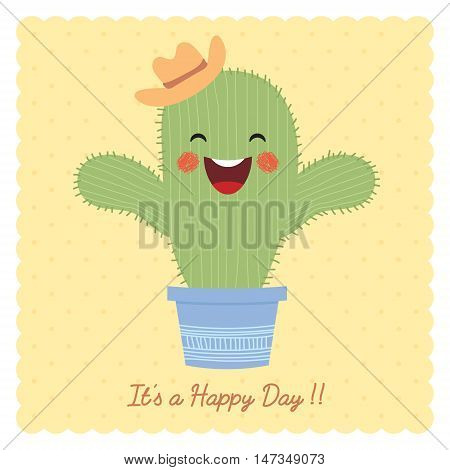 Cute cartoon cactus on beige polka dot background. Hand drawn or doodle cactus. It's a happy day vector illustration.