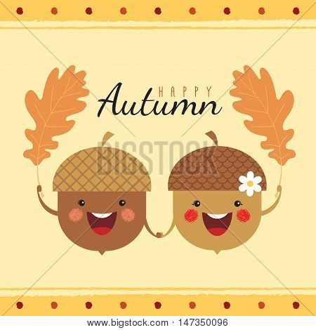 Autumn season vector illustration. A couple of cute acorn cartoon characters holding oak leaf.