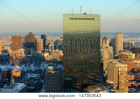Boston John Hancock Tower and Back Bay Skyline in winter, from top of Prudential Center, Massachusetts, USA