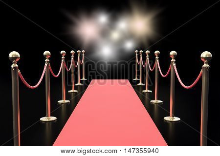 Red carpet between two rope barriers and flashlight on black background. 3d illustration.