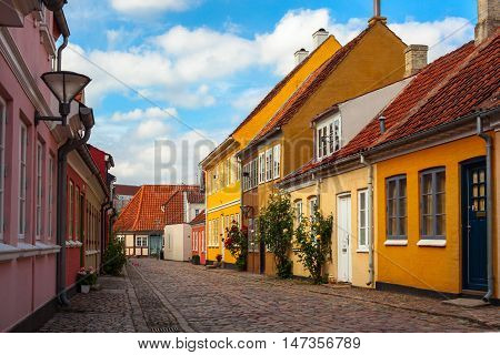 A Cobbletone Street In Odense with Coloured Houses