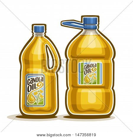 Vector logo 2 big yellow plastic Bottle with Canola Oil and label, gallon canister filled pure cooking colza oil, large container with rapeseed liquid with cap and handle, closeup isolated on white.