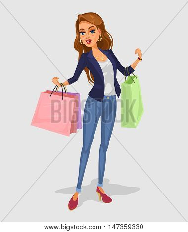 Vector smiling girl holding in hands bags with purchases
