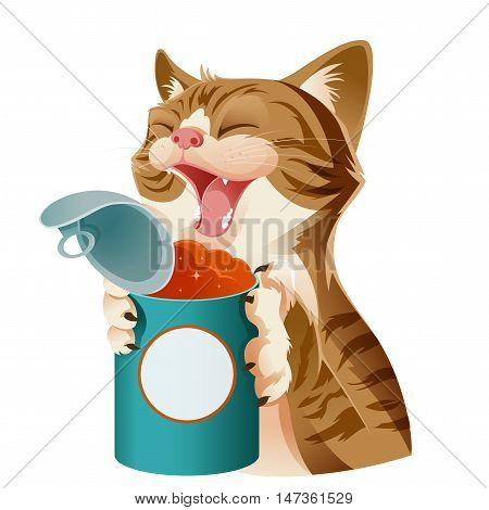 Vector image of the Cartoon smiling cat and its food