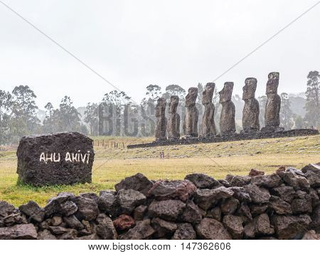 The Ahu Akivi under the rain Easter Island Chile