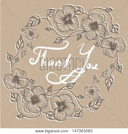 Hand drawn flowers. Sketch style. Thank You letterin. Vector illustartion