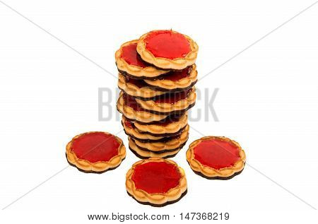 Cookies with jelly red on white background