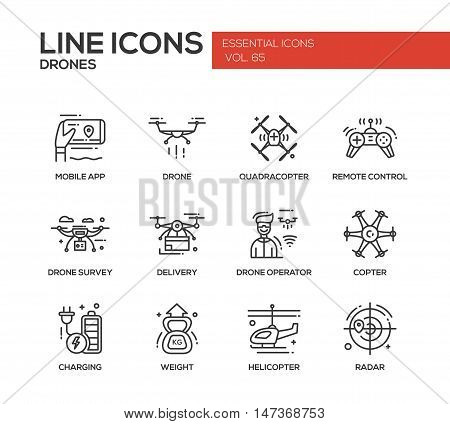 Drones - set of modern vector plain line design icons and pictograms. Mobile app, quadracopter, remote control, survey, delivery, operator, copter, charging, weight helicopter radar