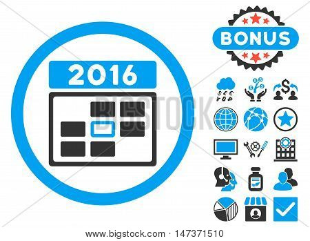 2016 Date icon with bonus elements. Vector illustration style is flat iconic bicolor symbols blue and gray colors white background.