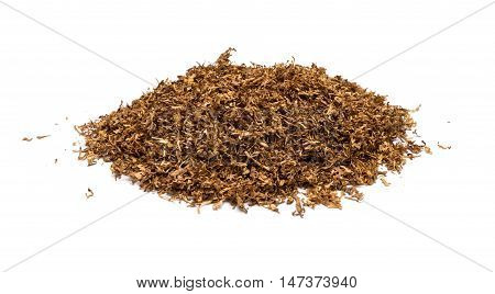 Heap of dry soft Pipe Tobacco top view on white Background