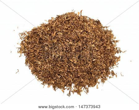 Heap of dry soft Pipe Tobacco top view on white Background