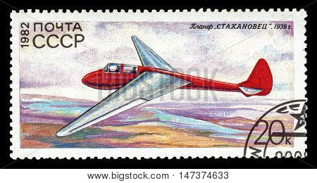 USSR - CIRCA 1982: A Stamp printed in USSR (Russia) shows the glider Stakhanovets from the series "History of the Soviet Gliding" circa 1982