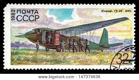 USSR - CIRCA 1982: A stamp printed in USSR (Russia) shows Soviet military glider Gr-29 from the series 